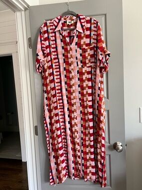 FRNCH Pink, Red & Brown Geometric Maxi Shirt Dress